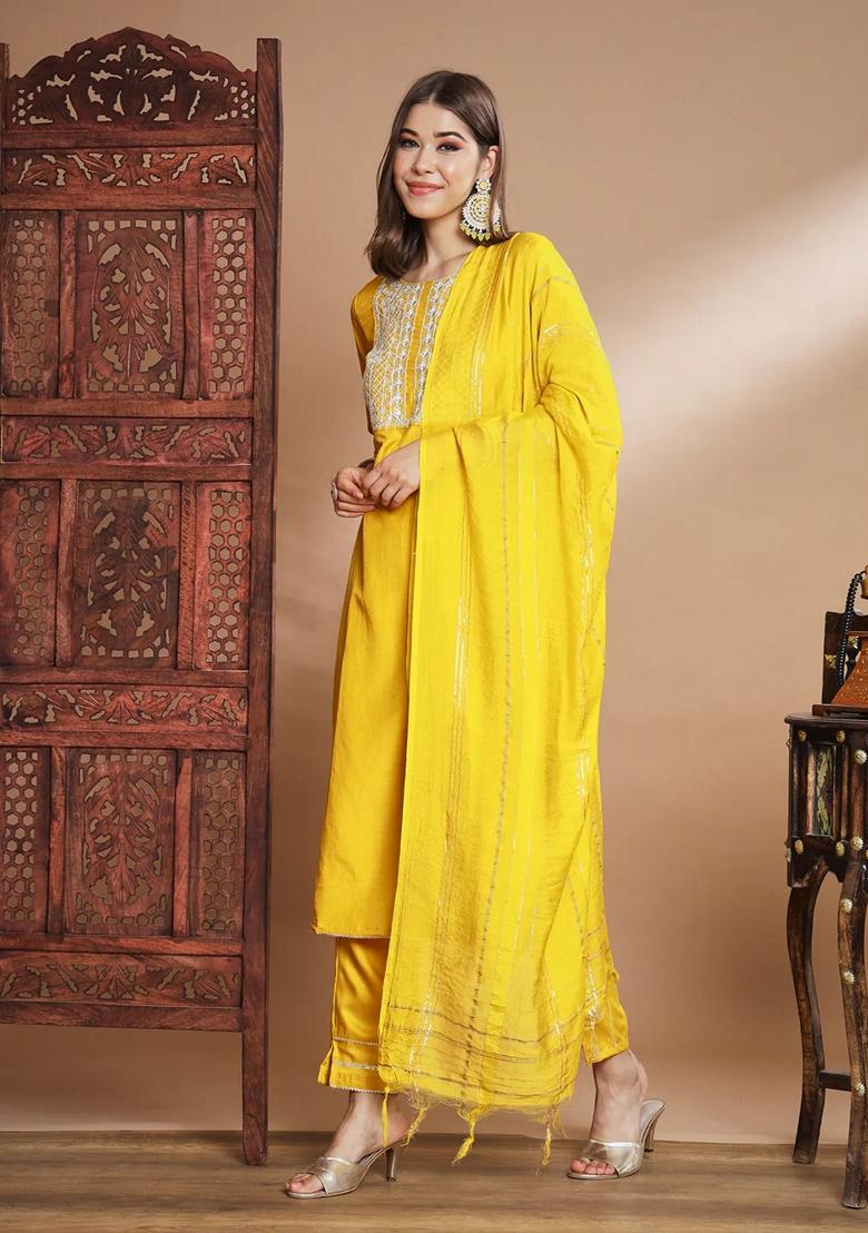 Yellow Embroidered Chinon Salwar Kameez With Dupatta