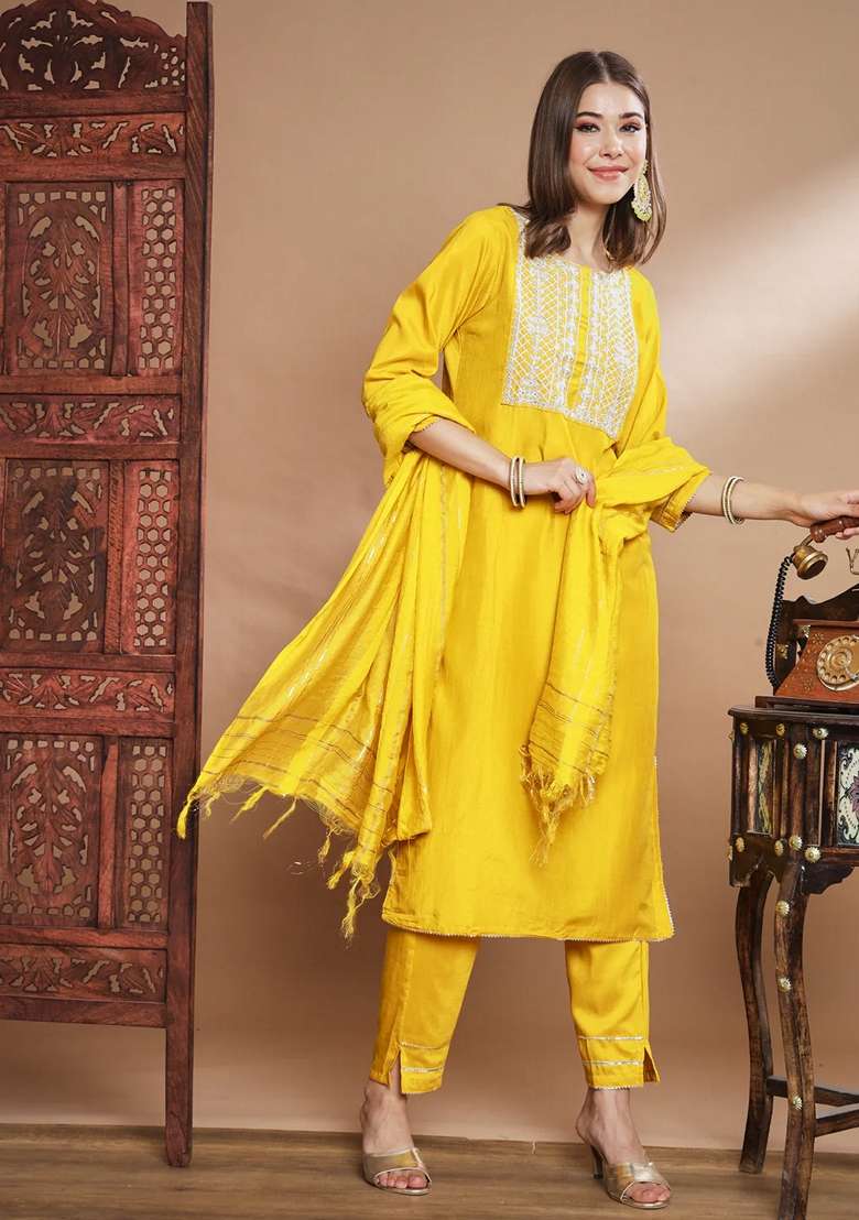 Yellow Embroidered Chinon Salwar Kameez With Dupatta - Indya
