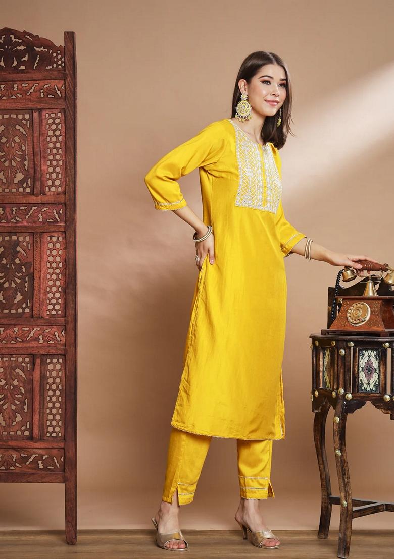 Yellow Embroidered Chinon Salwar Kameez With Dupatta