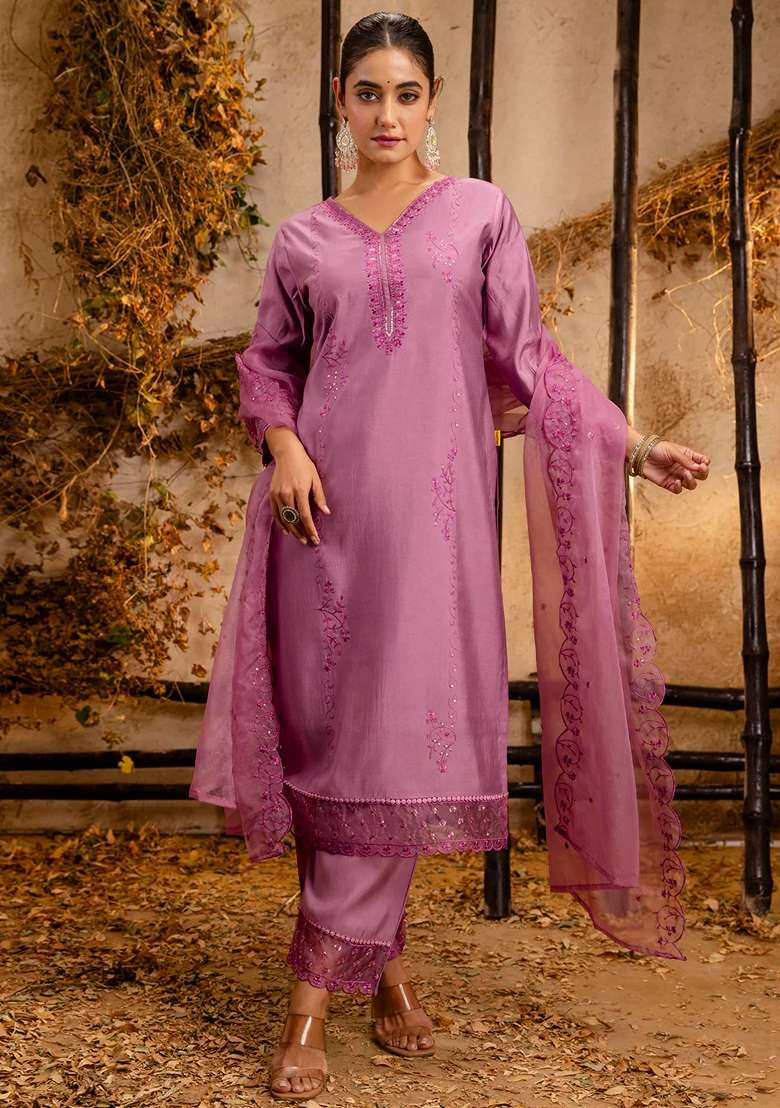 Lavender Embroidered Silk Blend Straight Kurta Set - Indya