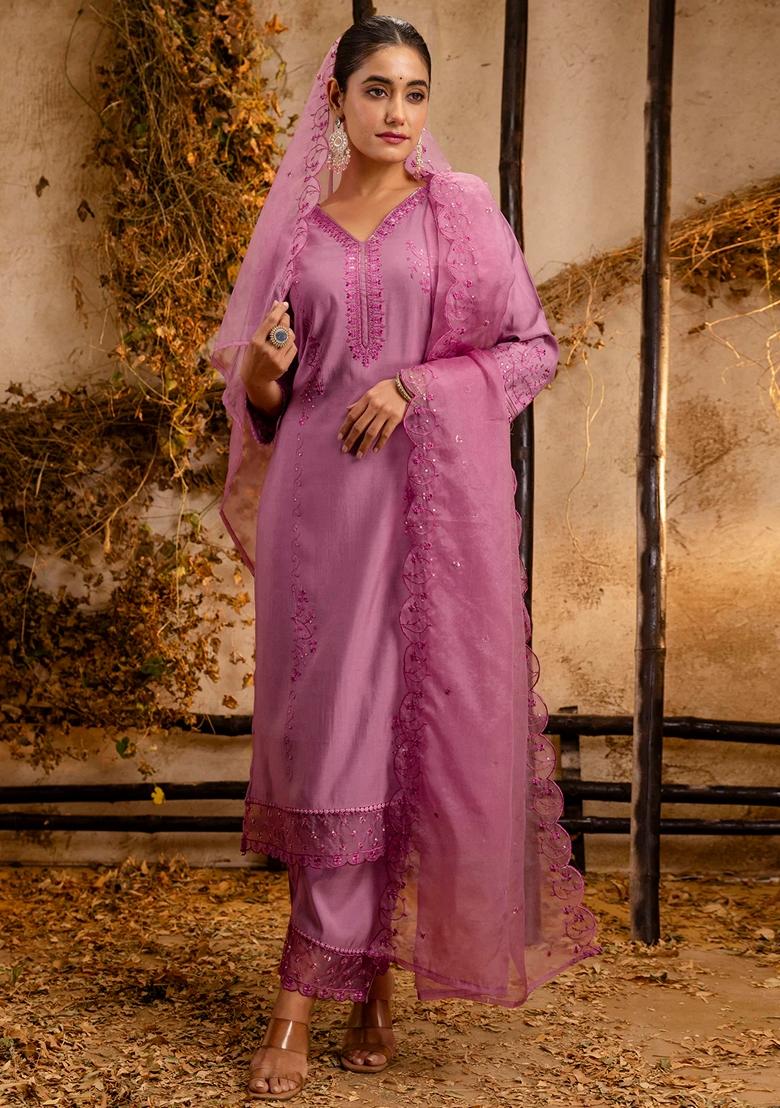 Lavender Embroidered Silk Salwar Kameez With Dupatta