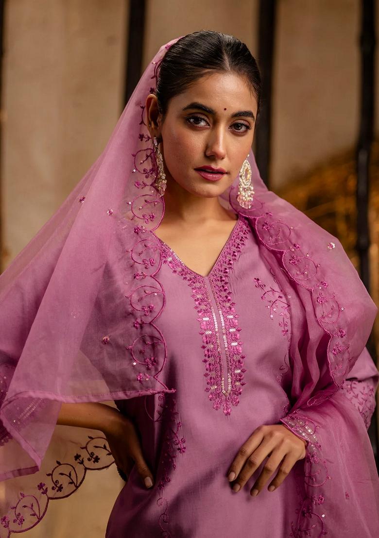 Lavender Embroidered Silk Salwar Kameez With Dupatta