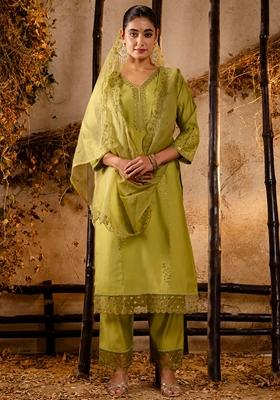 Mehendi Green Embroidered Silk Salwar Kameez With Dupatta