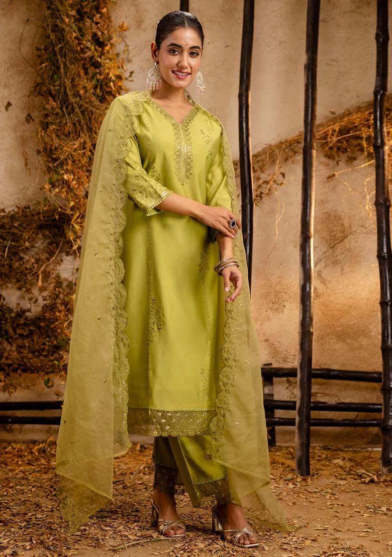 Mehendi Green Embroidered Silk Salwar Kameez With Dupatta