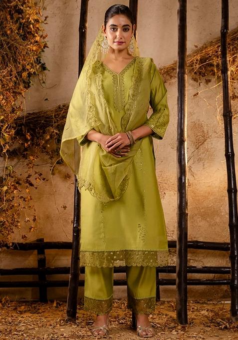 Mehendi Green Embroidered Silk Pakistani Suit Set — view on Indya