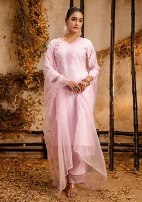 Pink Embroidered Silk Salwar Kameez With Dupatta