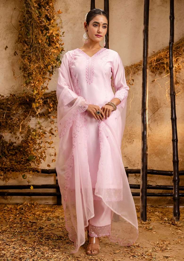Pink Chikankari Silk Blend Straight Kurta Set - Indya