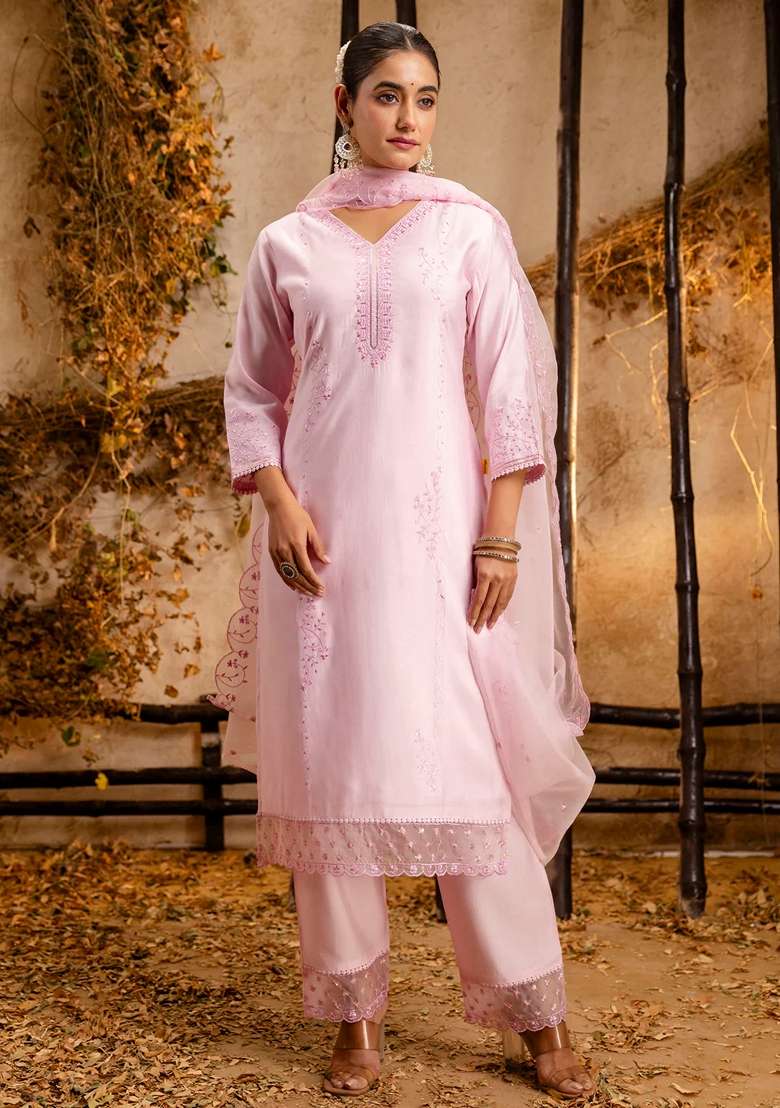 Pink Chikankari Silk Blend Straight Kurta Set - Indya