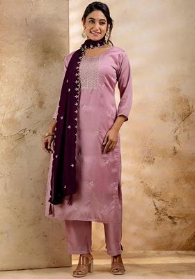 Lavender Embroidered Silk Blend Salwar Kameez With Dupatta