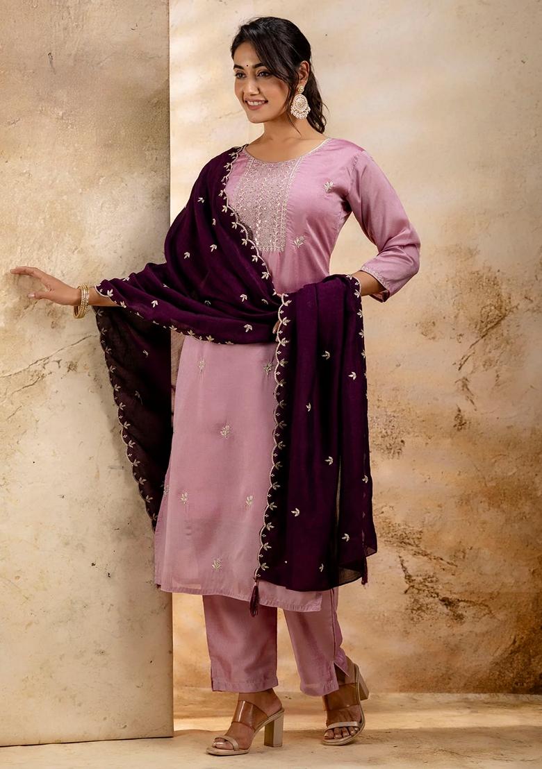 Lavender Embroidered Silk Blend Salwar Kameez With Dupatta