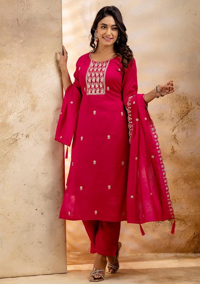 Pink Embroidered Silk Blend Salwar Kameez With Dupatta