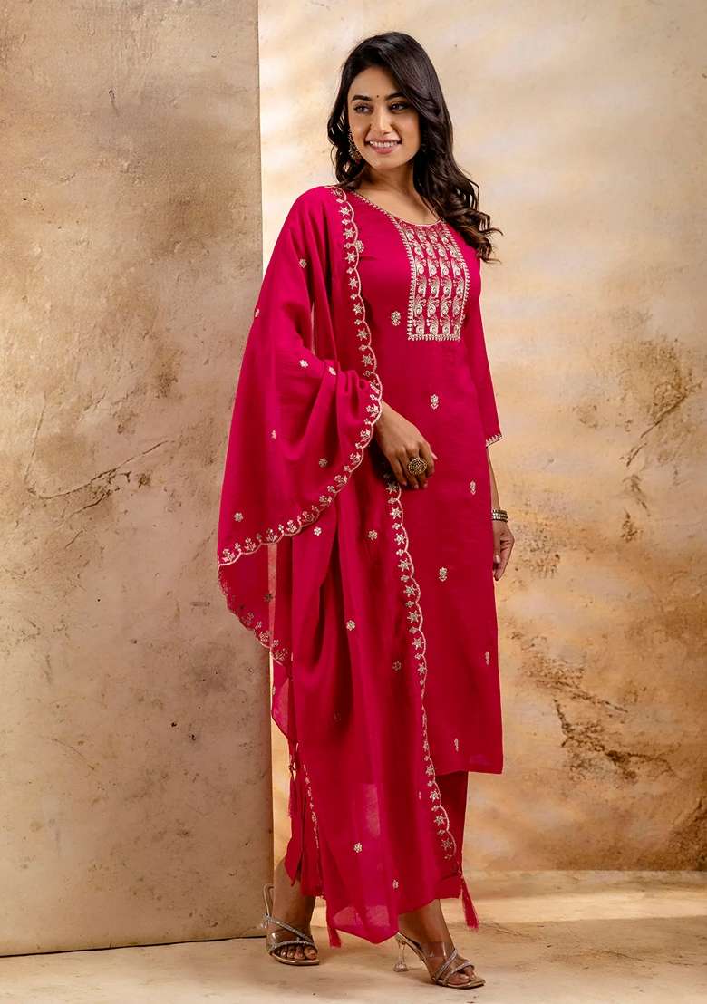 Pink Embroidered Silk Blend Straight Kurta Set - Indya