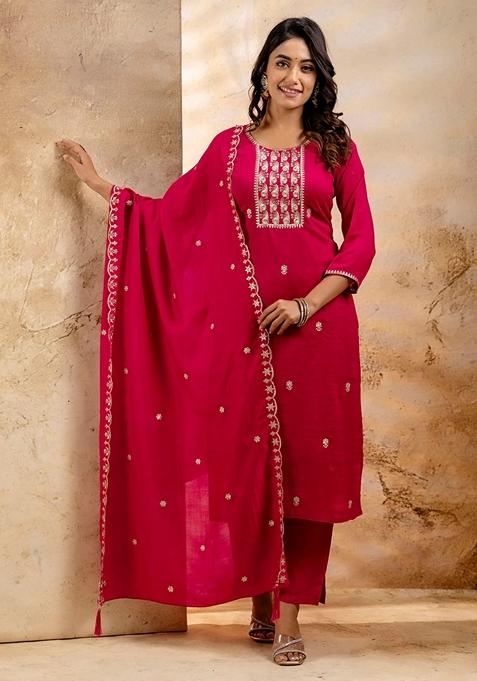 Pink Embroidered Silk Straight Kurta Set