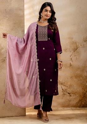 Purple Embroidered Silk Blend Salwar Kameez With Dupatta