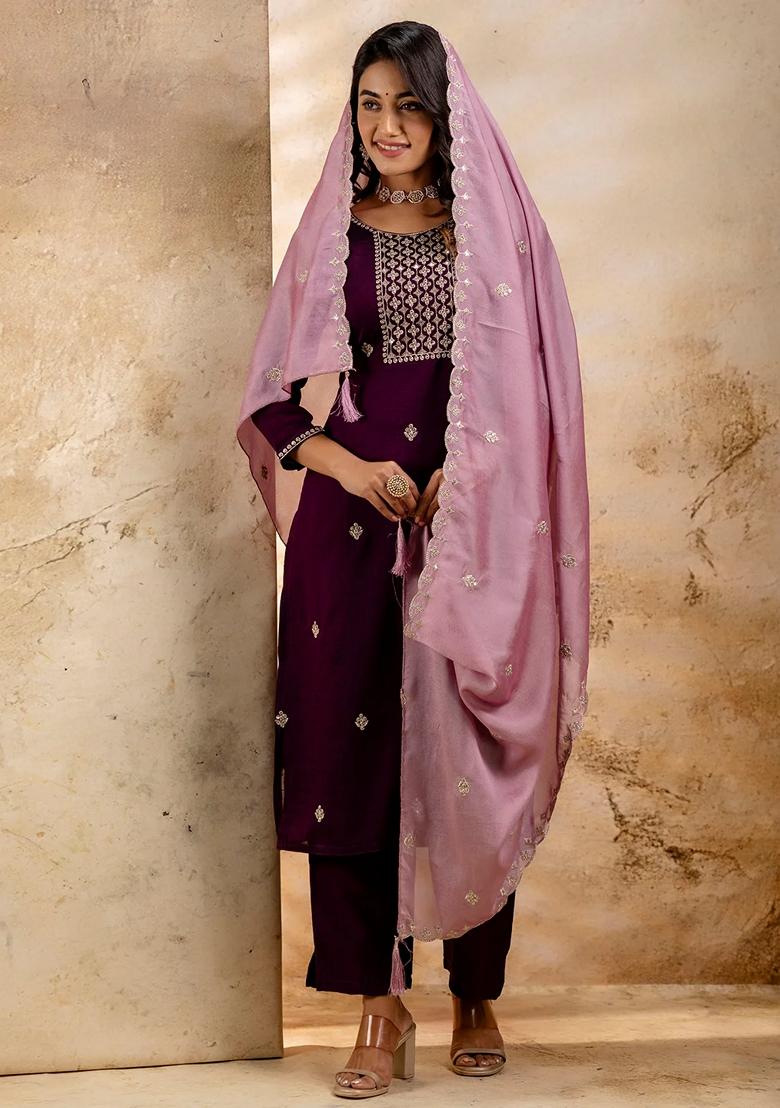 Purple Embroidered Silk Blend Salwar Kameez With Dupatta