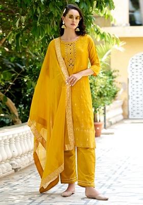 Yellow Woven Viscose Rayon Salwar Kameez With Dupatta