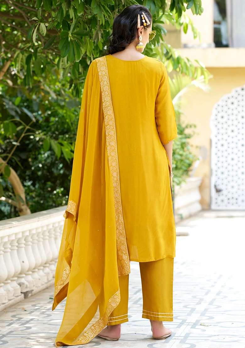 Yellow Embroidered Viscose Straight Kurta Set - Indya