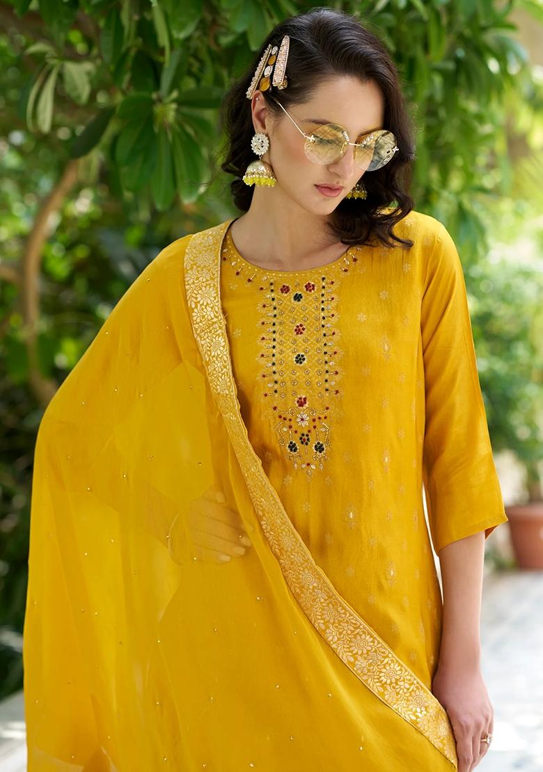 Yellow Woven Viscose Rayon Salwar Kameez With Dupatta