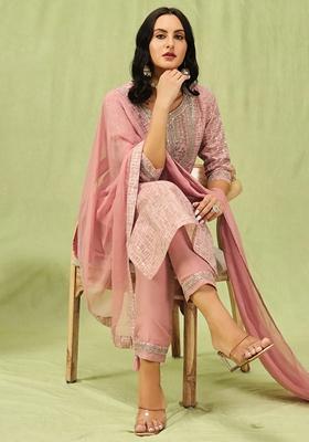 Peach Embroidered Chanderi Salwar Kameez With Dupatta