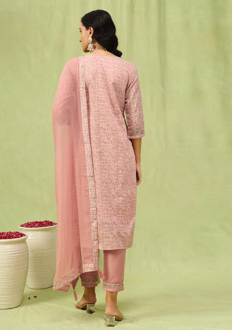 Peach Embroidered Chanderi Salwar Kameez With Dupatta