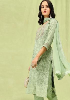 Pista Green Embroidered Chanderi Salwar Kameez With Dupatta
