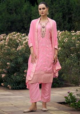 Pink Woven Viscose Rayon Salwar Kameez With Dupatta