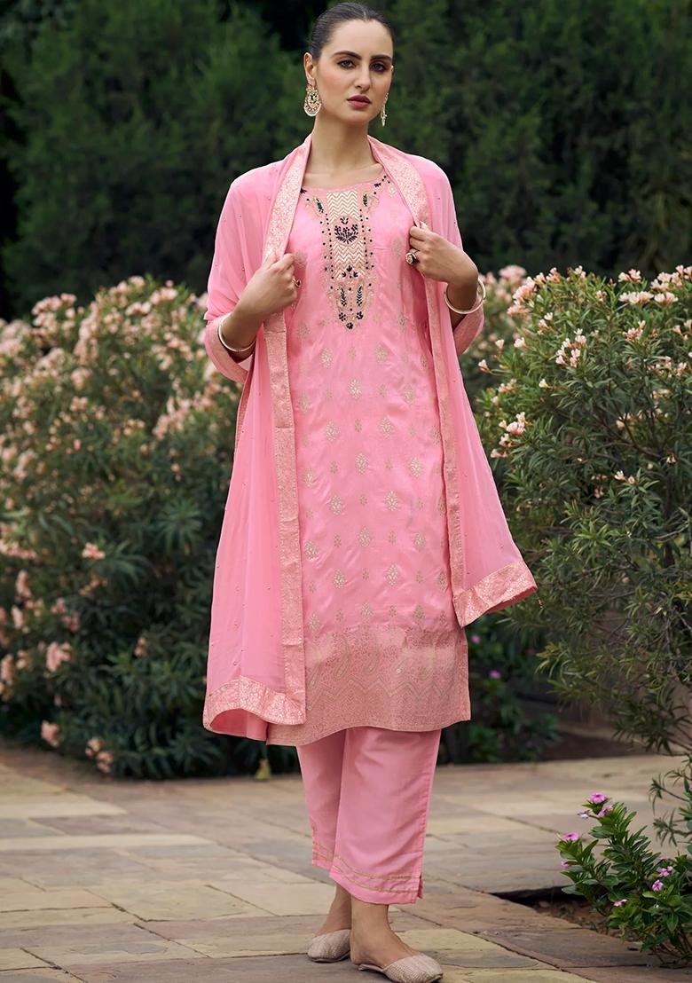 Pink Woven Viscose Rayon Salwar Kameez With Dupatta