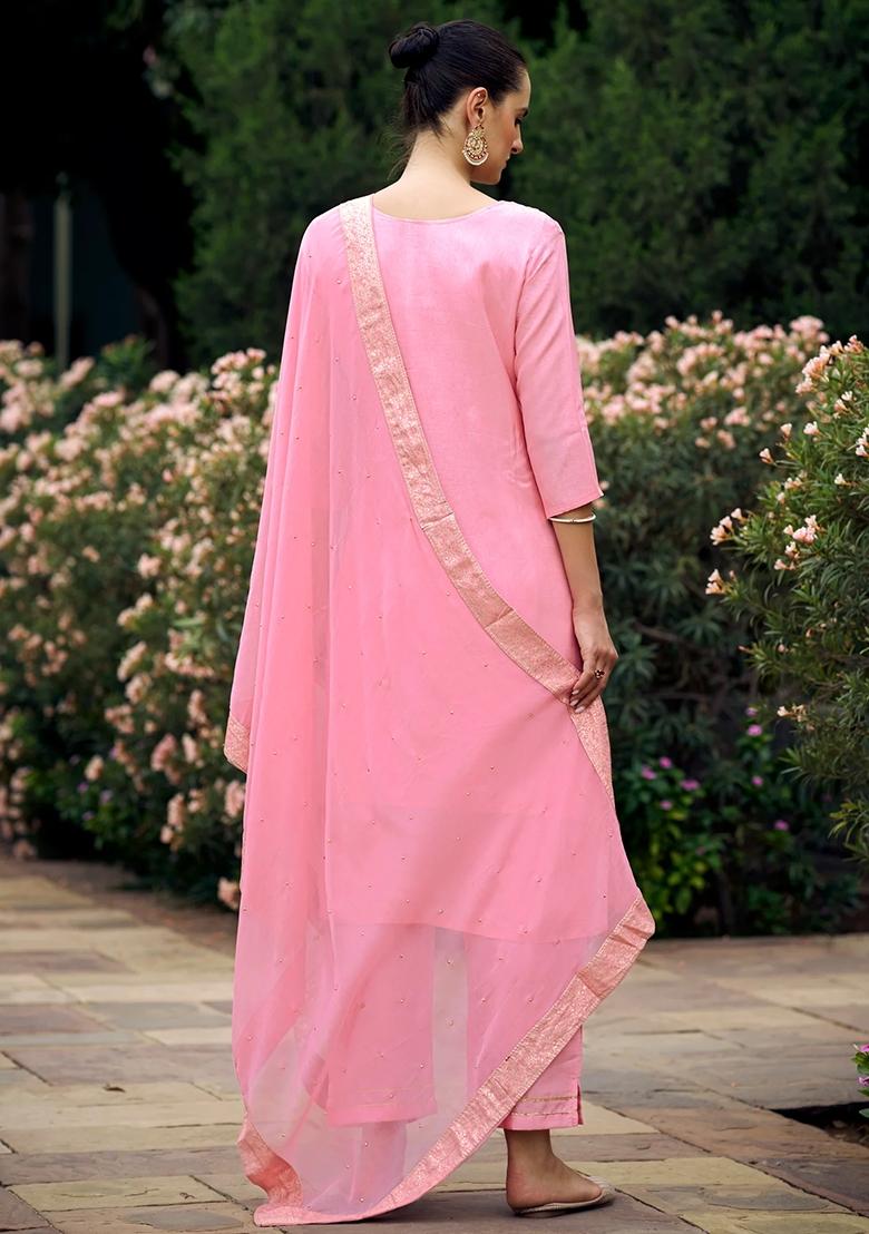 Pink Woven Viscose Rayon Salwar Kameez With Dupatta