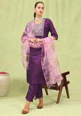 Purple Embroidered Silk Blend Salwar Kameez With Dupatta