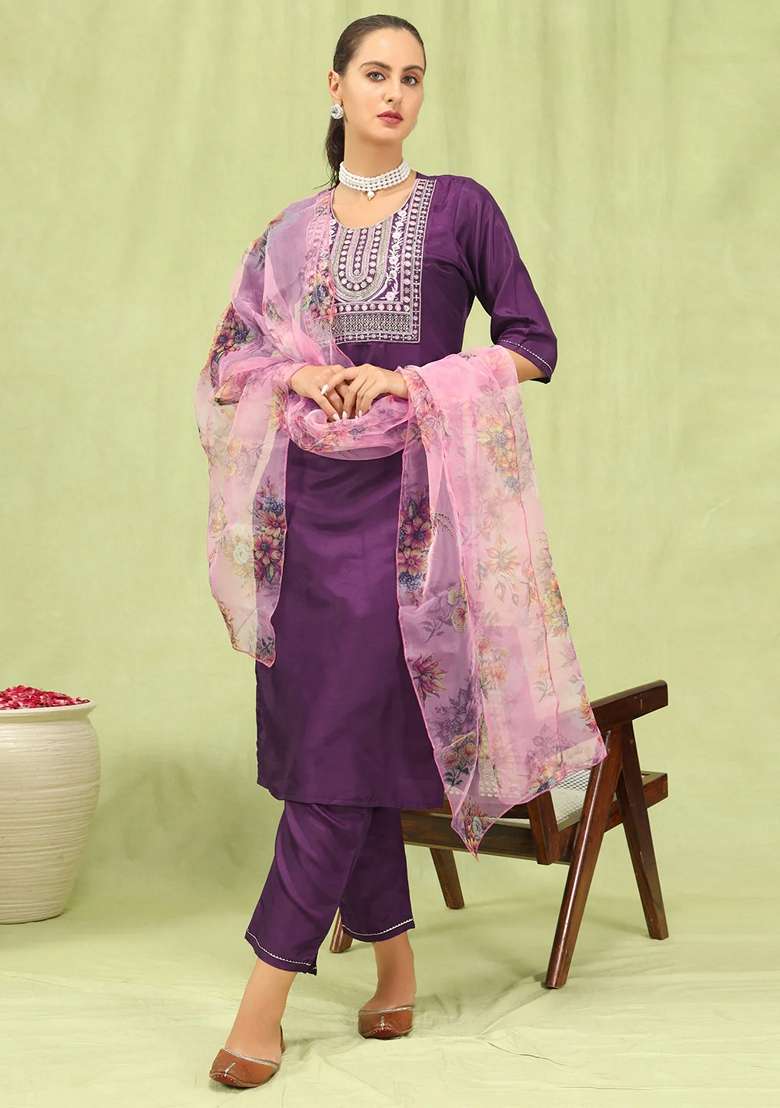 Purple Embroidered Silk Blend Salwar Kameez With Dupatta - Indya