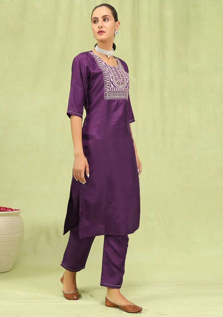 Purple Embroidered Silk Blend Salwar Kameez With Dupatta - Indya