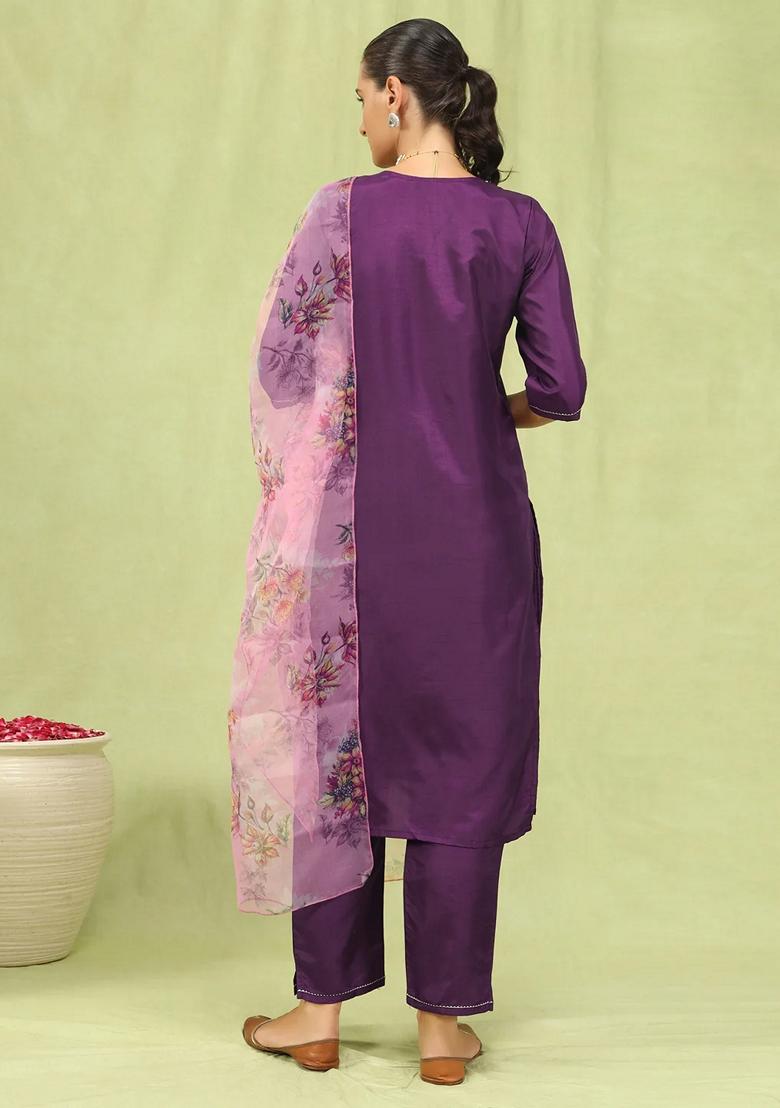 Purple Embroidered Silk Blend Salwar Kameez With Dupatta