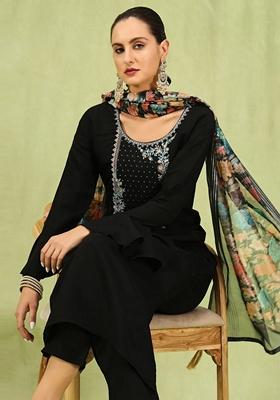 Black Embroidered Silk Salwar Kameez With Dupatta
