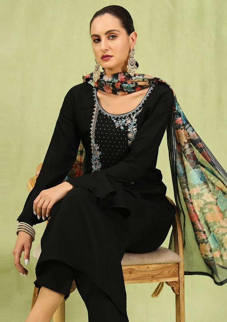 Black Embroidered Silk Blend Straight Kurta Set - Indya