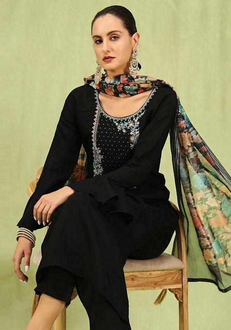 Black Embroidered Silk Straight Kurta Set