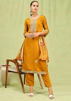 Mustard Yellow Embroidered Silk Salwar Kameez With Dupatta
