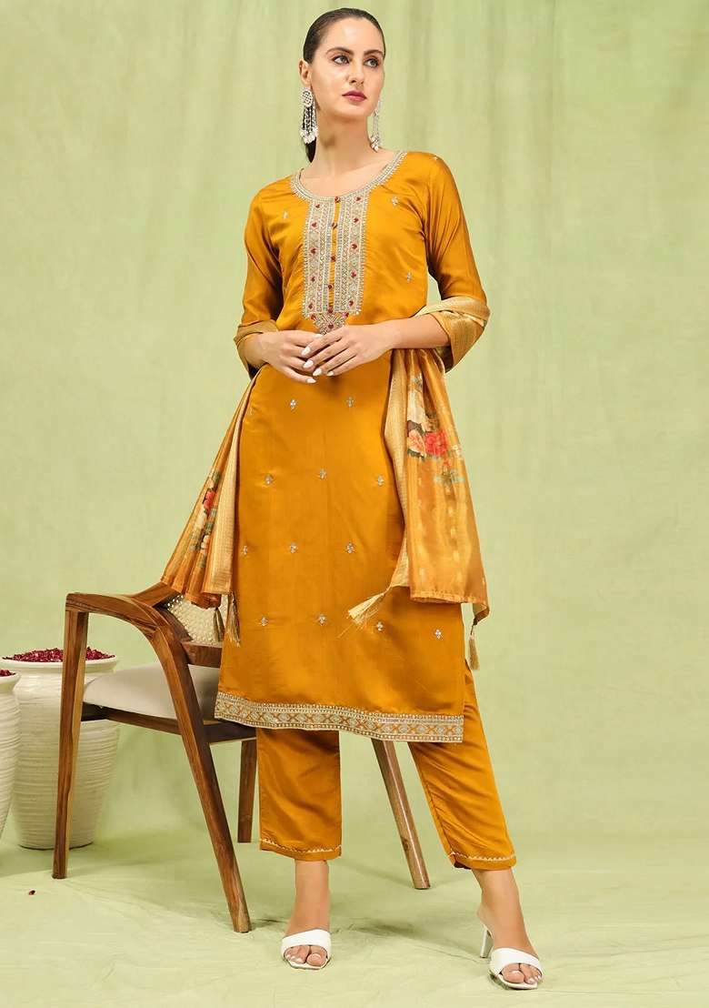 Mustard Yellow Embroidered Silk Blend Straight Kurta Set - Indya