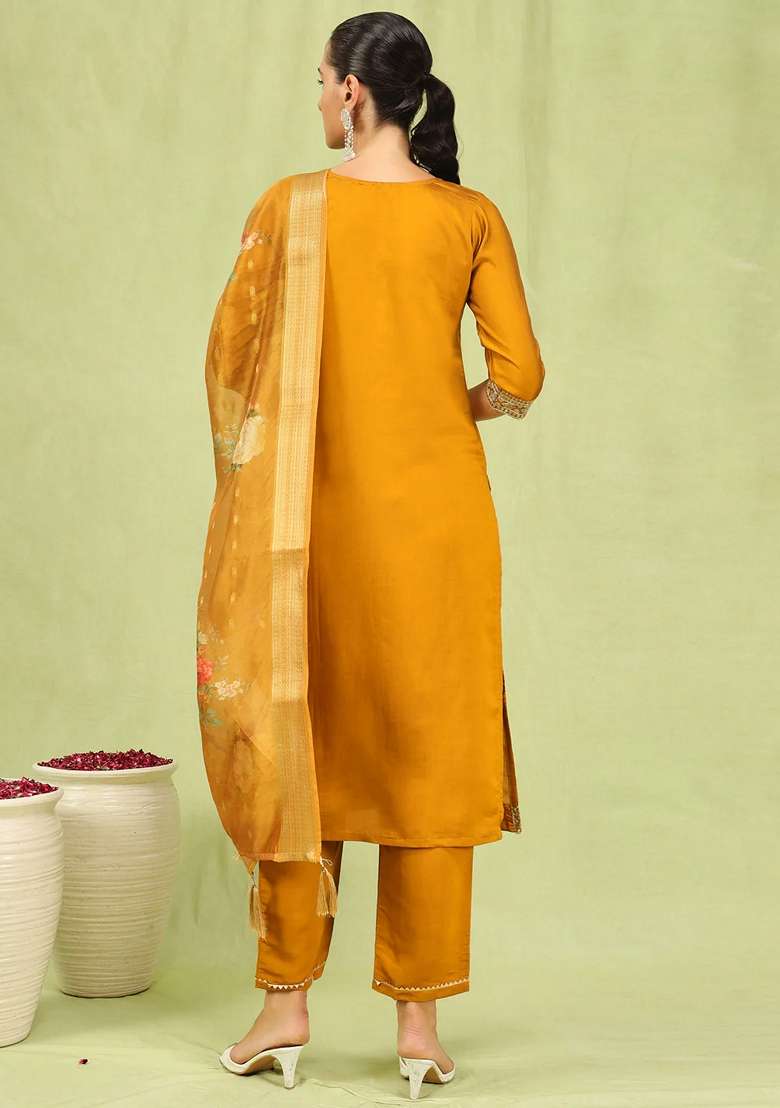 Mustard Yellow Embroidered Silk Blend Straight Kurta Set - Indya