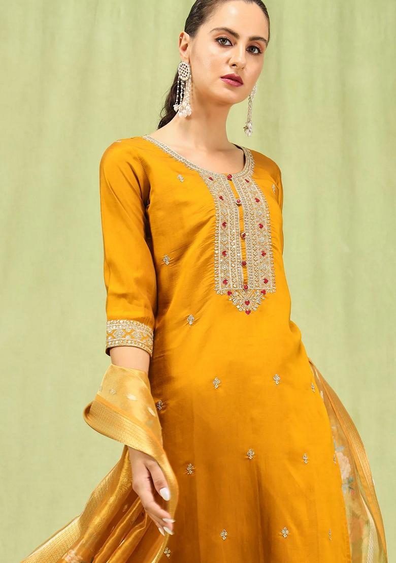 Mustard Yellow Embroidered Silk Salwar Kameez With Dupatta