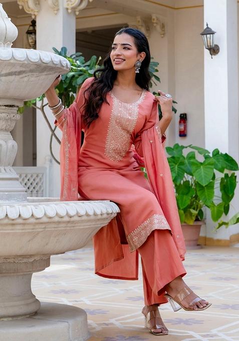 Yellow Embroidered Silk Straight Kurta Set