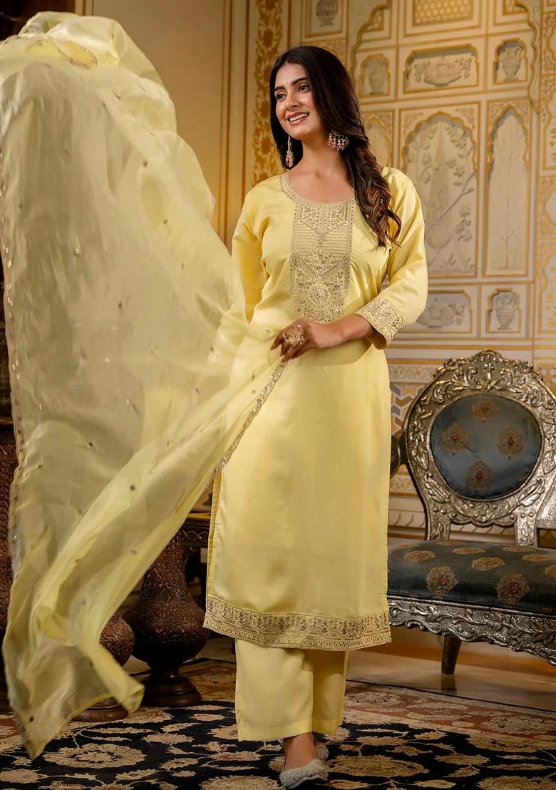 Yellow Embroidered Silk Blend Salwar Kameez With Dupatta