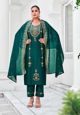 Green Embroidered Silk Blend Salwar Kameez With Dupatta