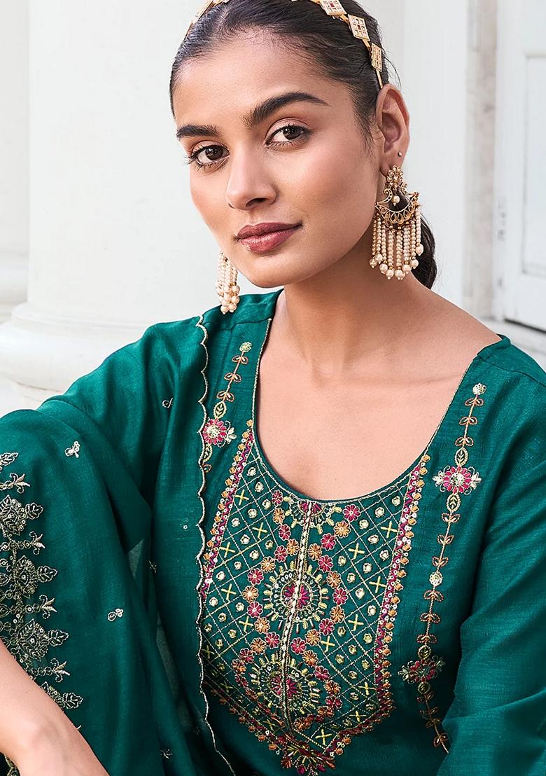 Green Embroidered Silk Blend Salwar Kameez With Dupatta