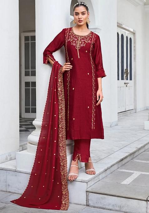 Maroon Embroidered Silk Pakistani Suit Set