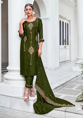 Mehendi Green Embroidered Silk Blend Salwar Kameez With Dupatta