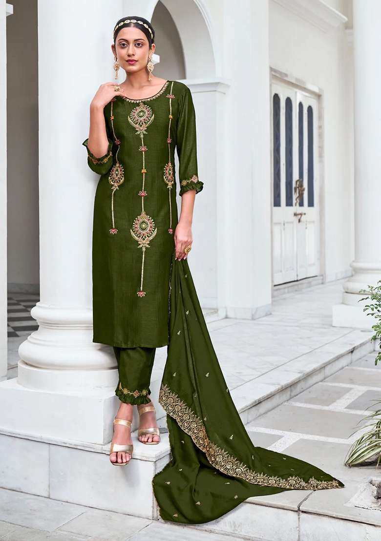 Mehendi Green Embroidered Silk Blend Straight Kurta Set - Indya