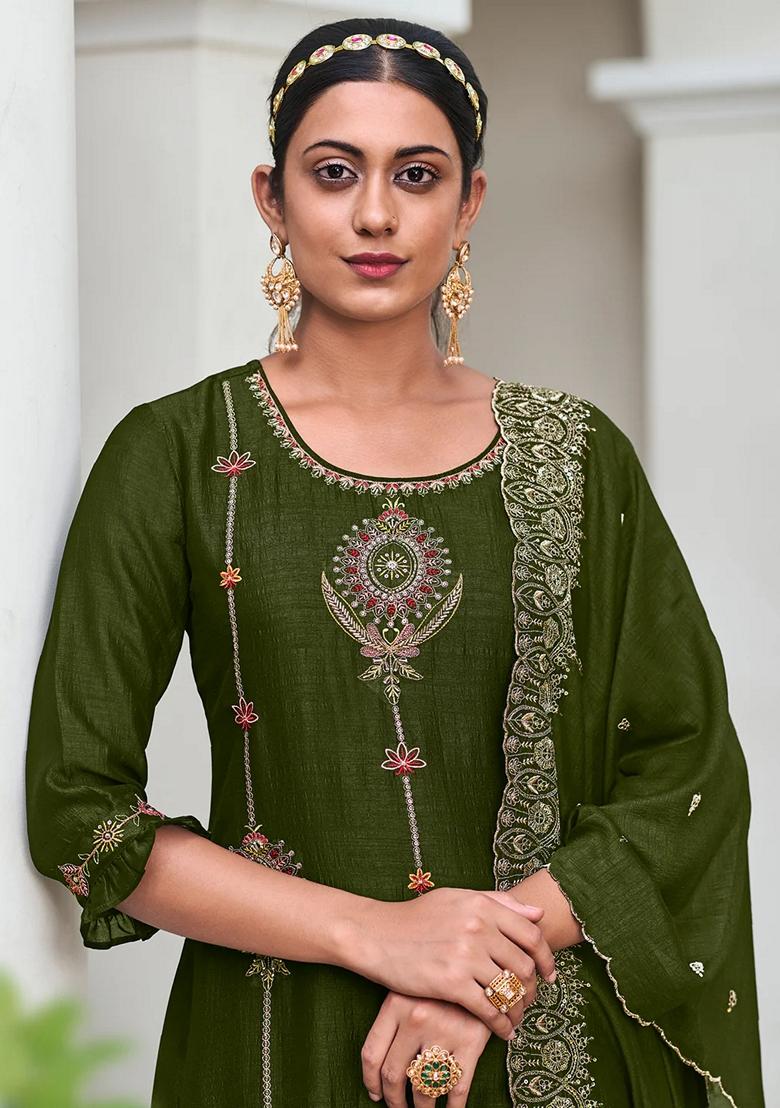 Mehendi Green Embroidered Silk Blend Salwar Kameez With Dupatta
