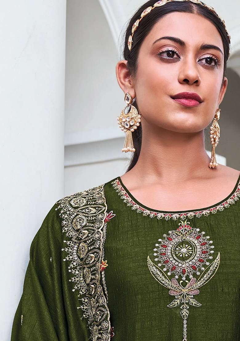 Mehendi Green Embroidered Silk Blend Straight Kurta Set - Indya