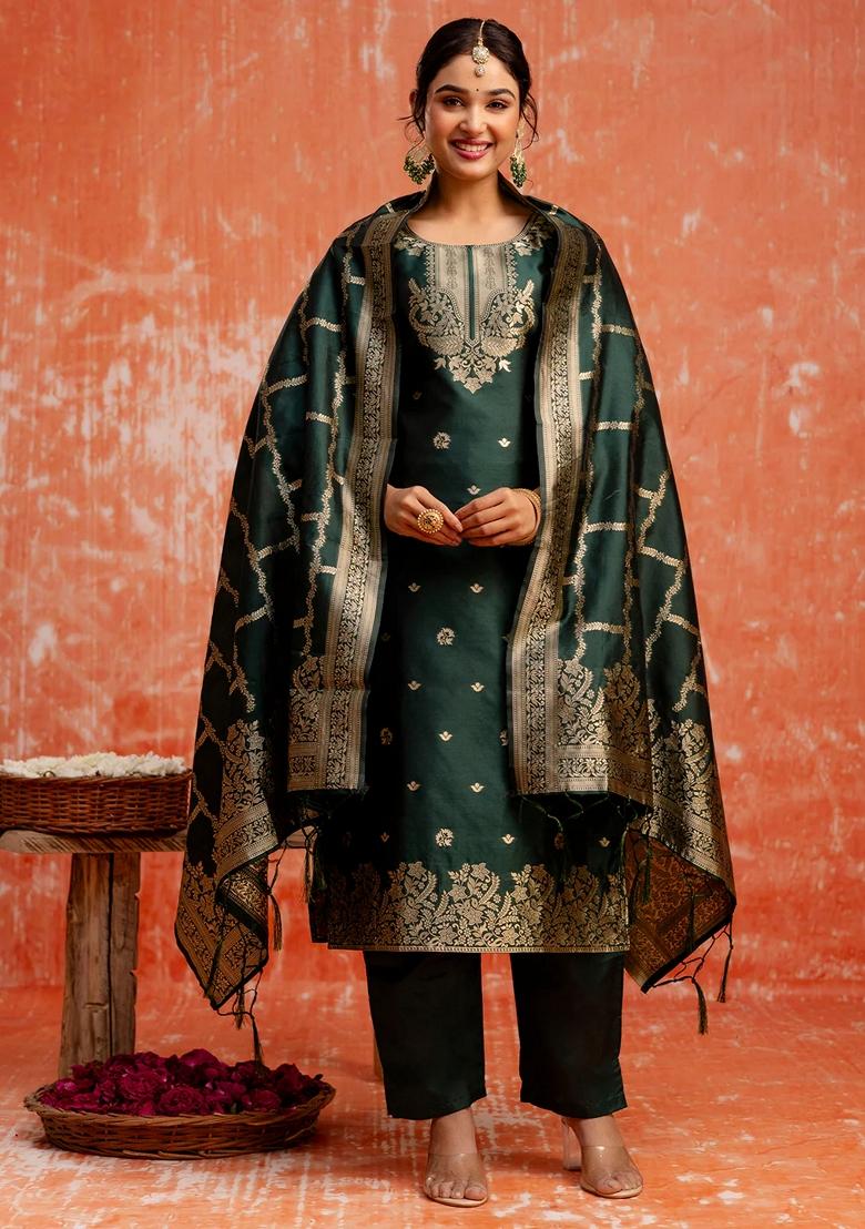 Green Zari Work Pure Cotton Salwar Kameez With Dupatta