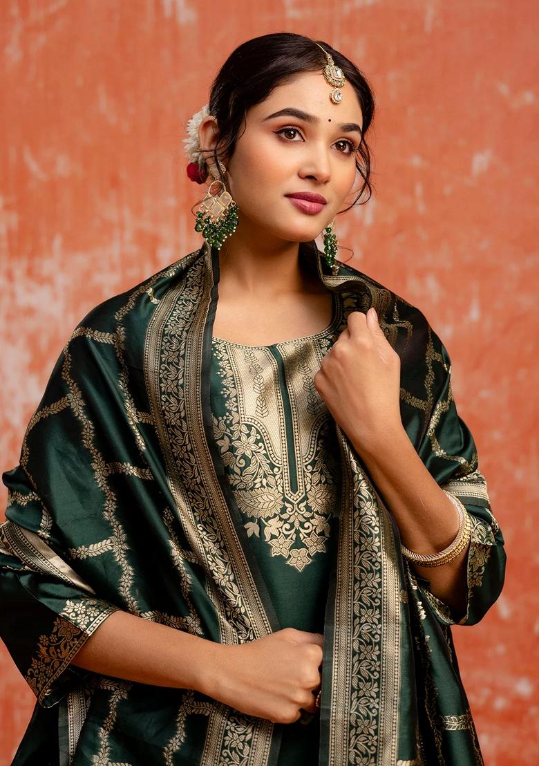 Green Zari Work Pure Cotton Salwar Kameez With Dupatta